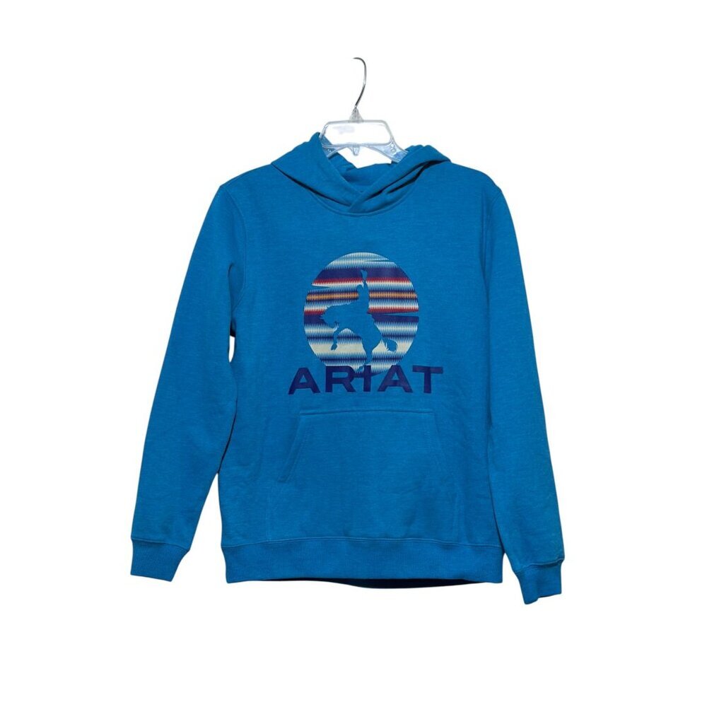NWT Ariat Boys Hoodie L Youth Teal Serape Bronc Anorak Western Horse Graphic